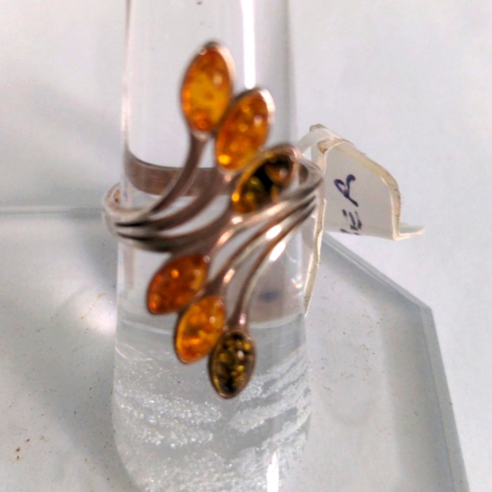 MultiColor Amber Sterling Silver Ring, 7  NWT Knuckle To Knuckle, Handcrafted